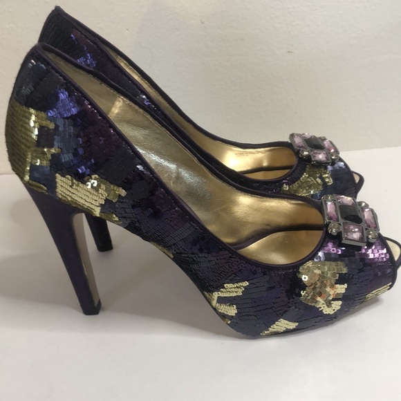 Nina New York multi colored purple sequin open toe heels size 10m - Picture 2 of 10